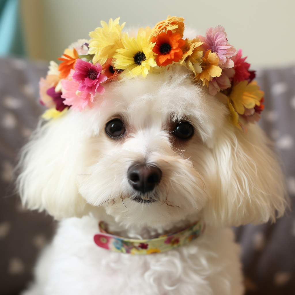 Bichon Frisé wearing flower garland