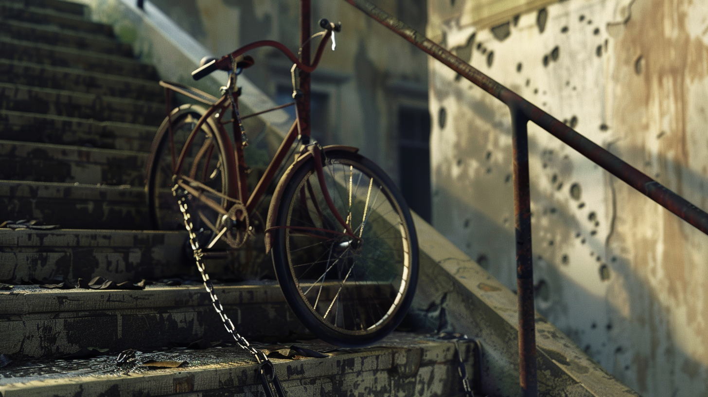 Chained Bicycle Slanted Stairs Sunlight