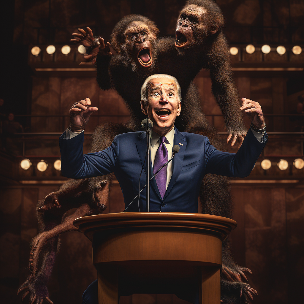 Joe Biden giving elegant speech with chimpanzees