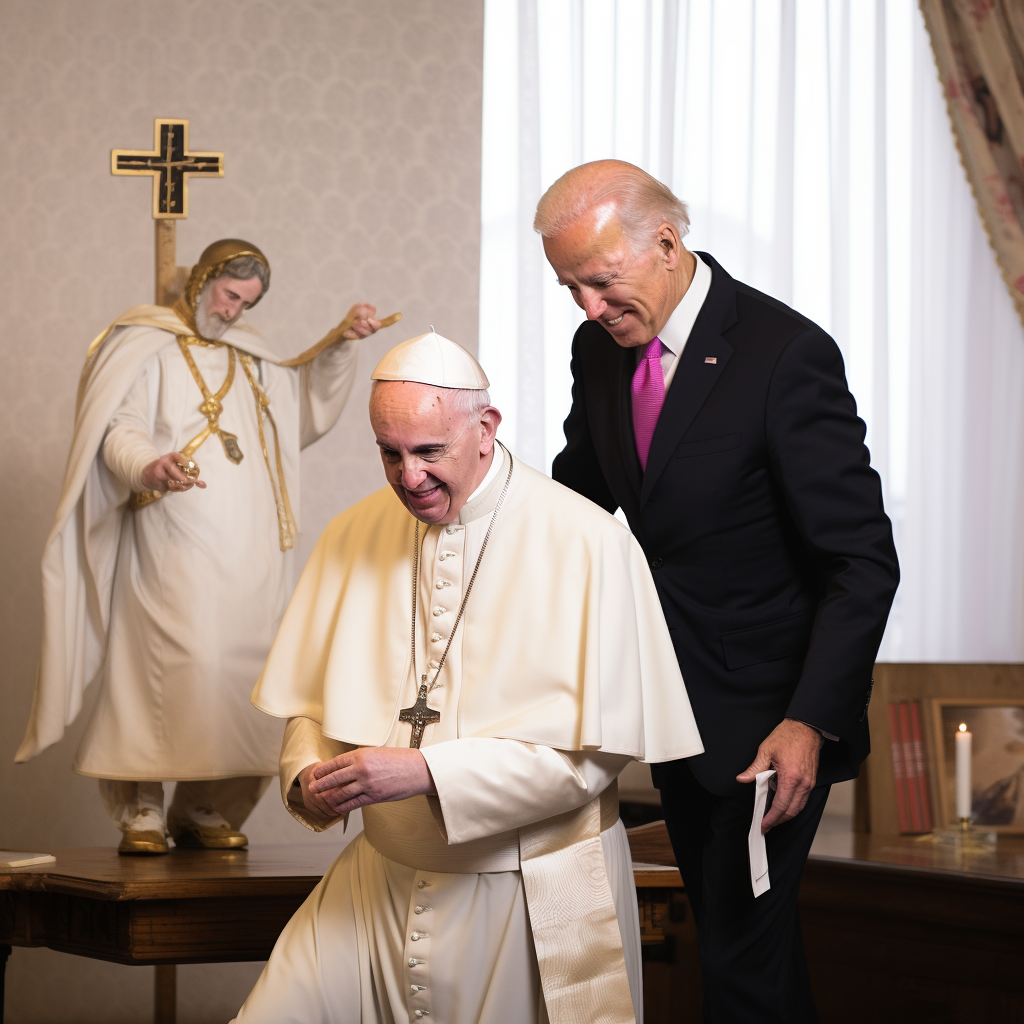 Joe Biden playing pin the tail on the donkey with the Pope