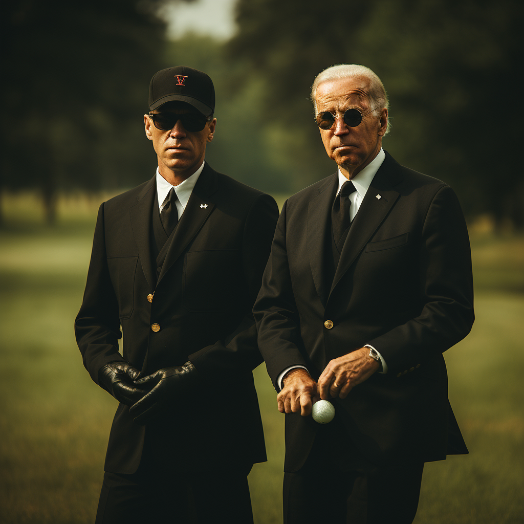 President Biden and Putin playing golf in a dark and moody style