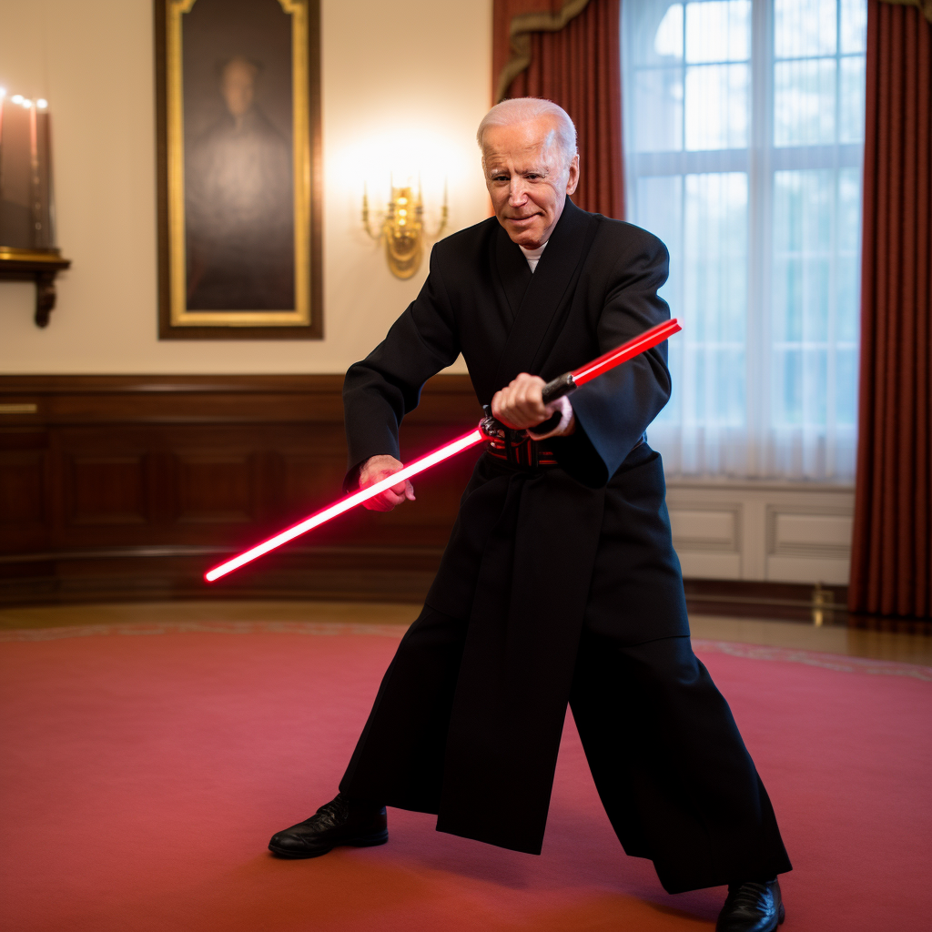 Biden wielding a lightsaber like a Sith Lord