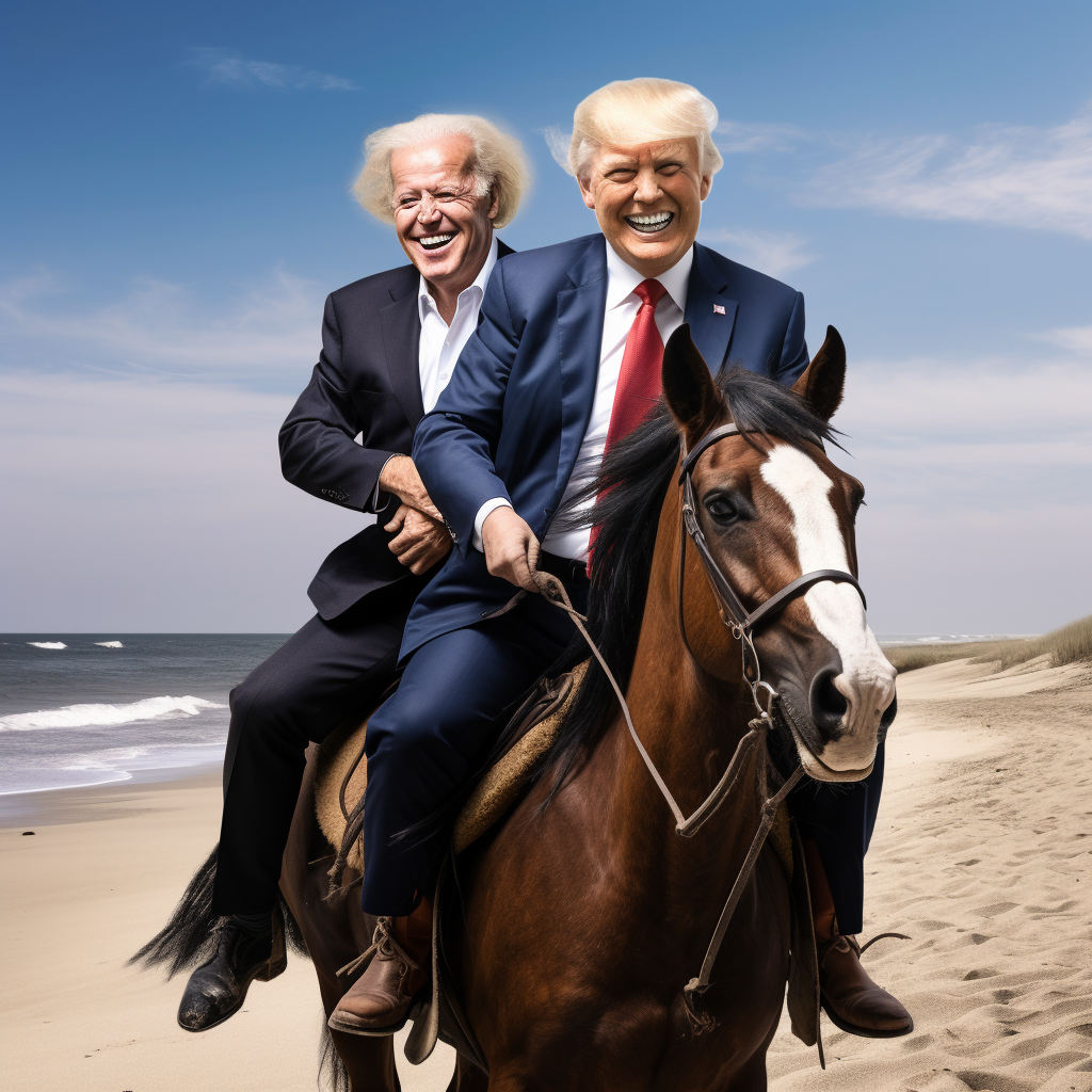 Joe Biden and Donald Trump riding horse on beach