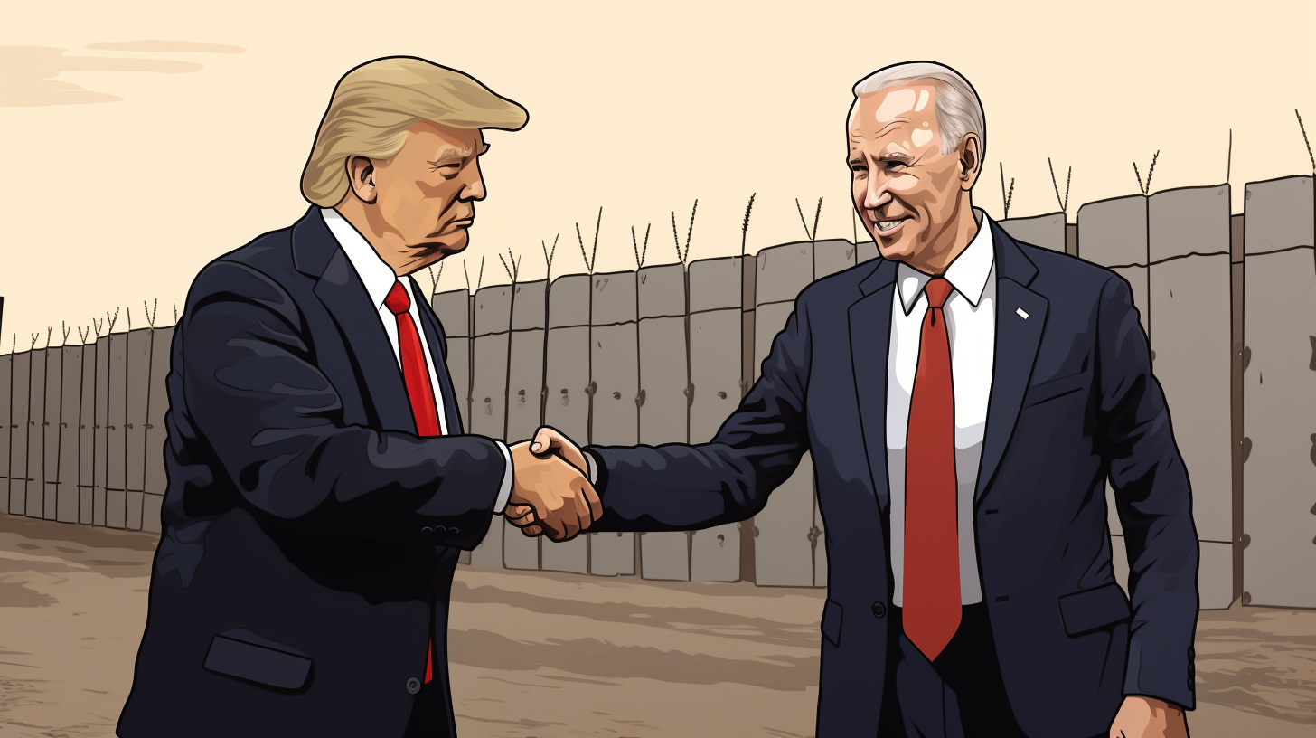 Biden and Trump shaking hands at border wall