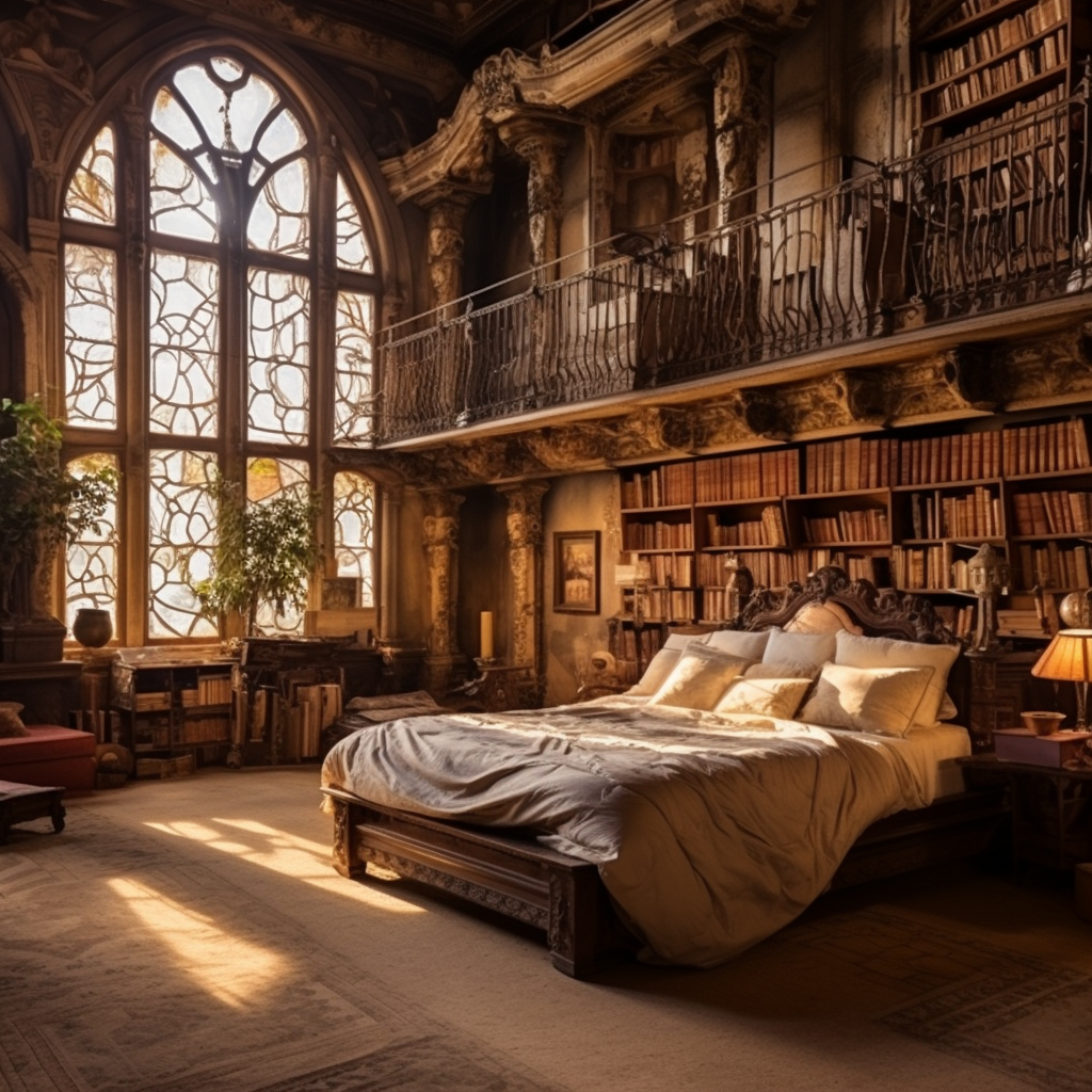 Cozy bedroom with books in castle