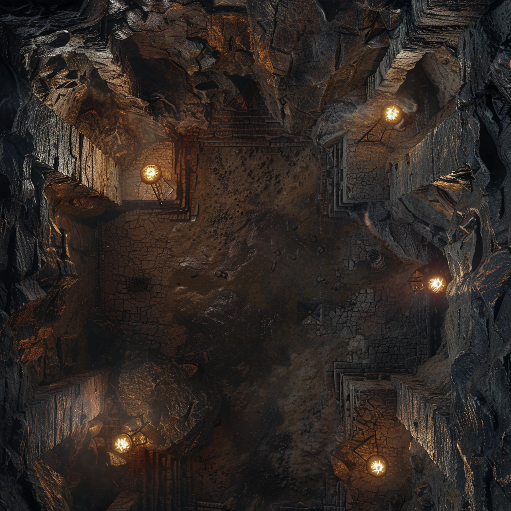 Dark Cave with Lighted Torches