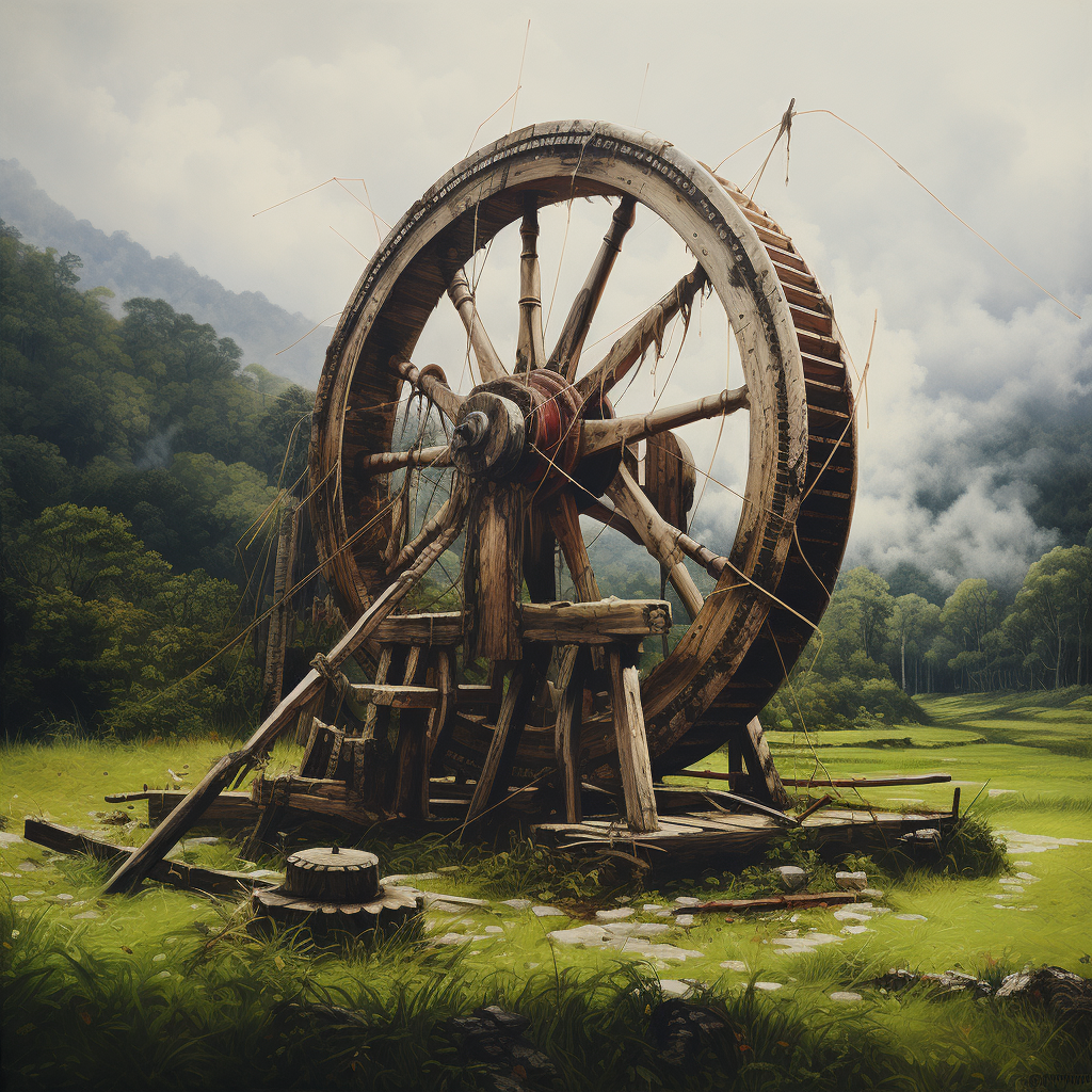 Large charkha spinning cotton in grass field