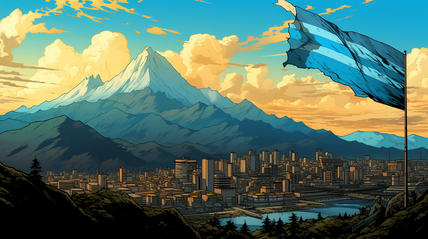 Manga-style big city landscape with mountains and Uruguay flag