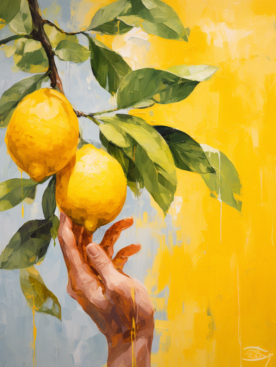 Acrylic painting of a bold lemon in a hand