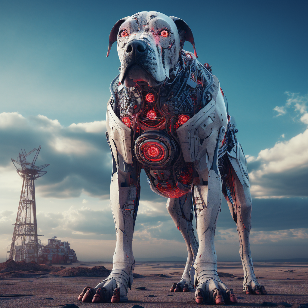 Large dog with wool-like fur in unique futuristic setting