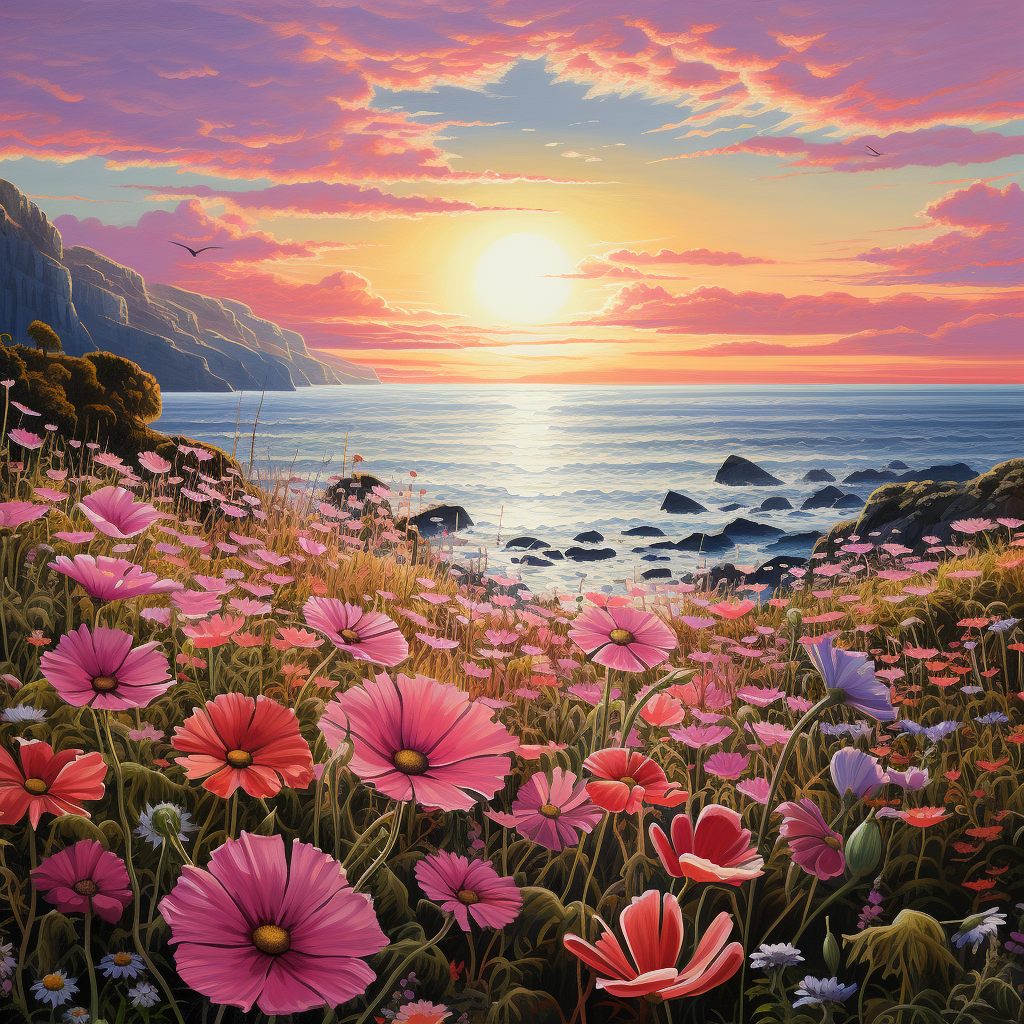 Big Flower Field by the Sea with Sunrose