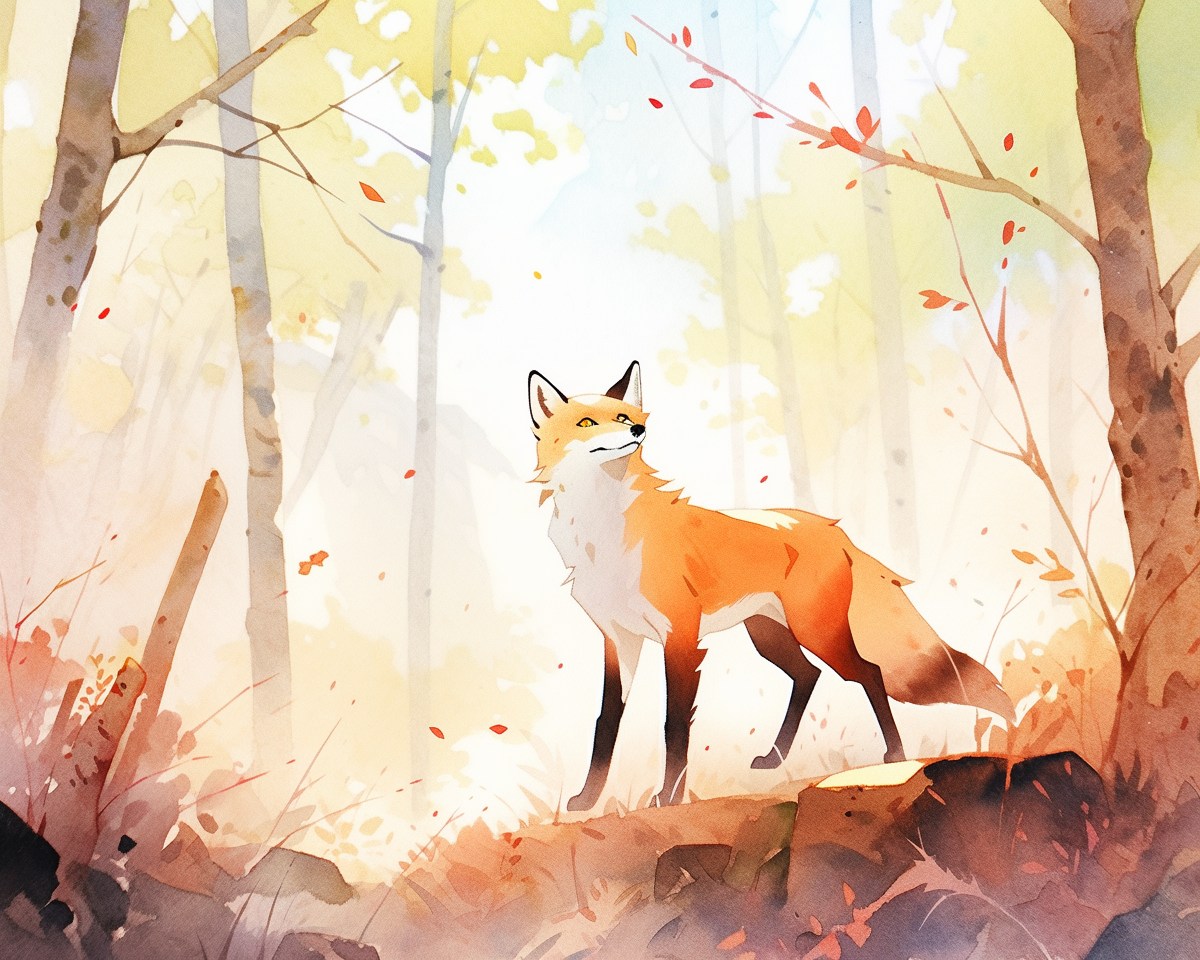 Beautiful watercolor painting of a big fox in a forest