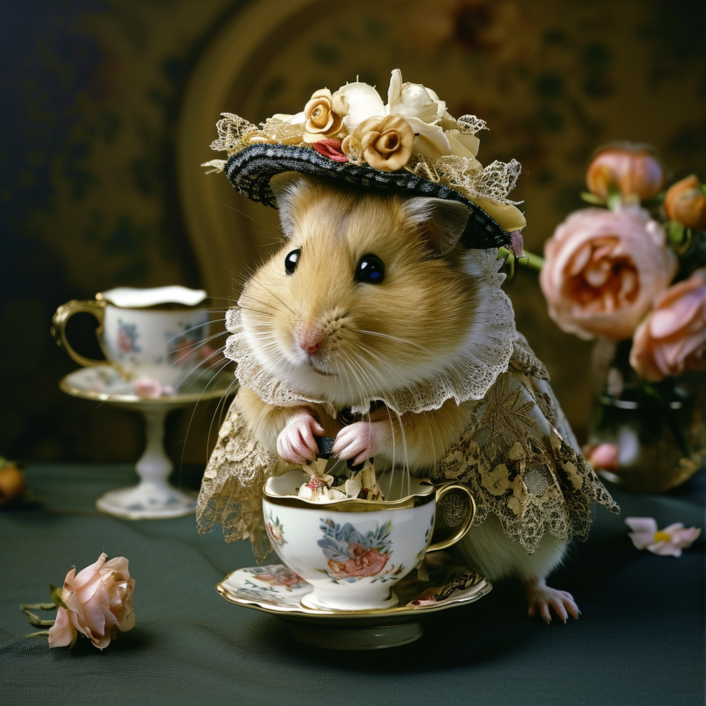 Big hamster in dress with fancy hat, makeup, and shoe on a dresser