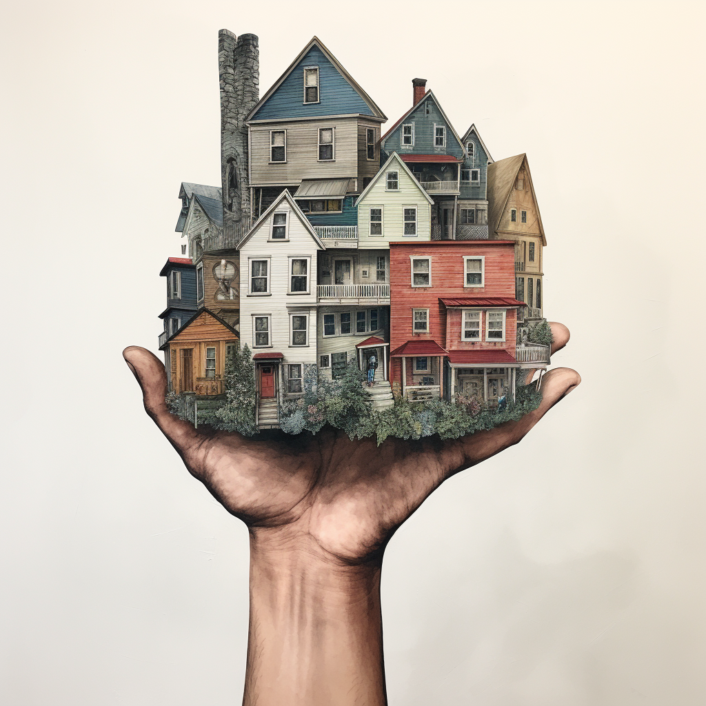 A person's hand carrying an entire house