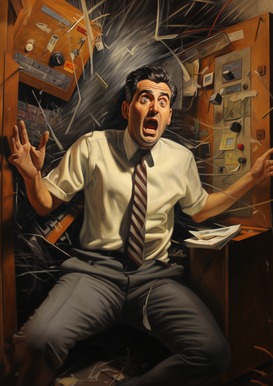 Retro oil painting depicting big interview panic