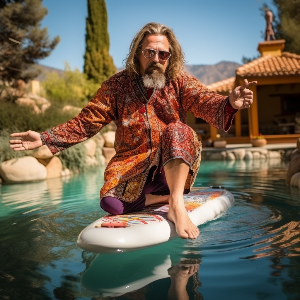 Big Lebowski Taraksvasana Yoga Pose on SUP Pool