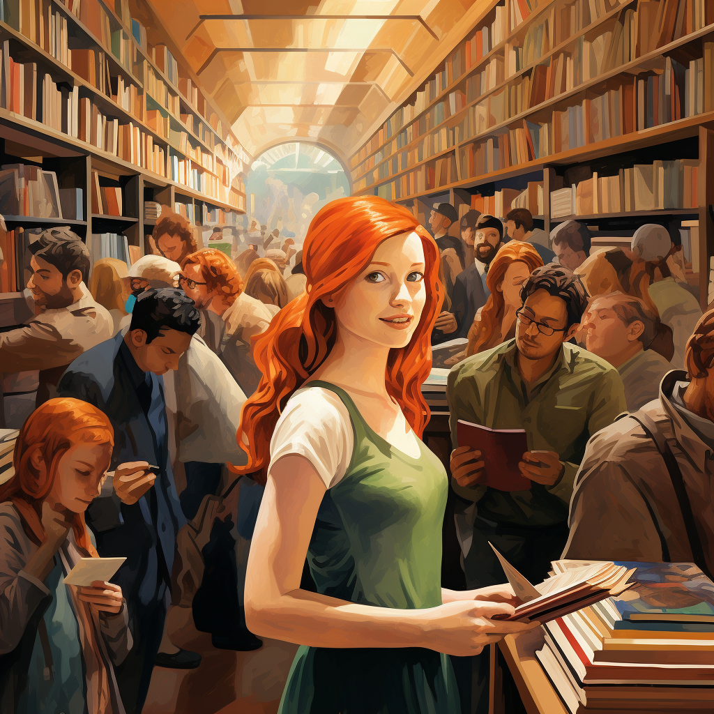 Redhead female reader in big library surrounded by books