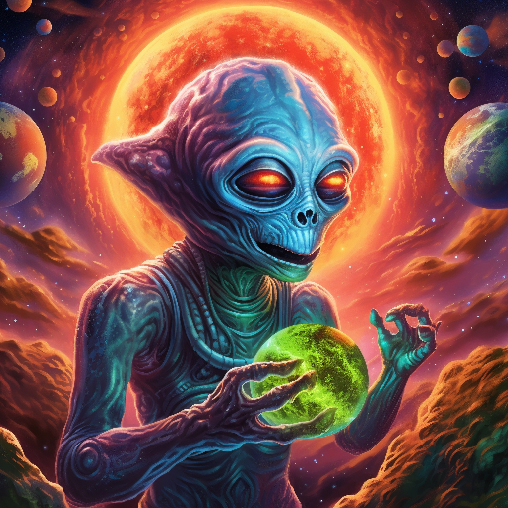 Psychedelic alien holding Earth