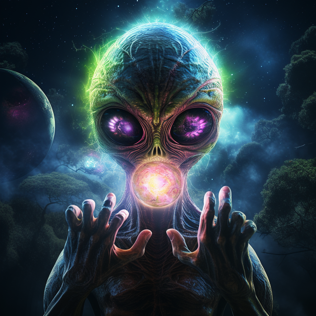 Realistic trippy alien holding moon