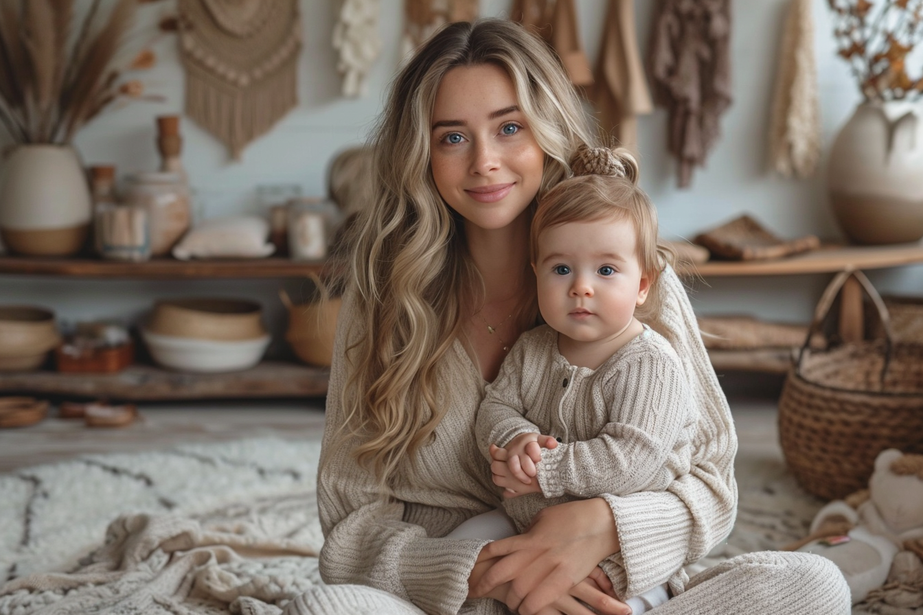 Mom holding baby in nursery room