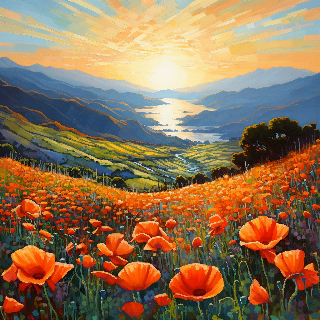 Impressionist painting of Big Sur with poppies at sunset