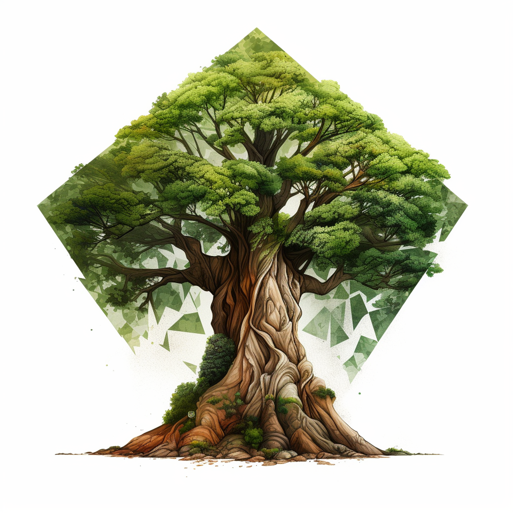 Cubistic illustration of big tree with root system