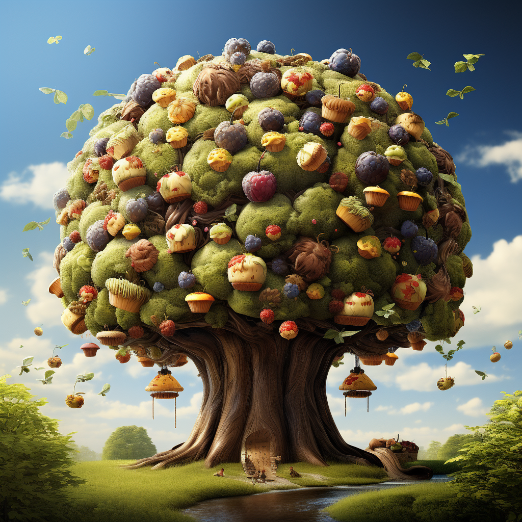 Photorealistic depiction of a big tree and muffins growing like fruit