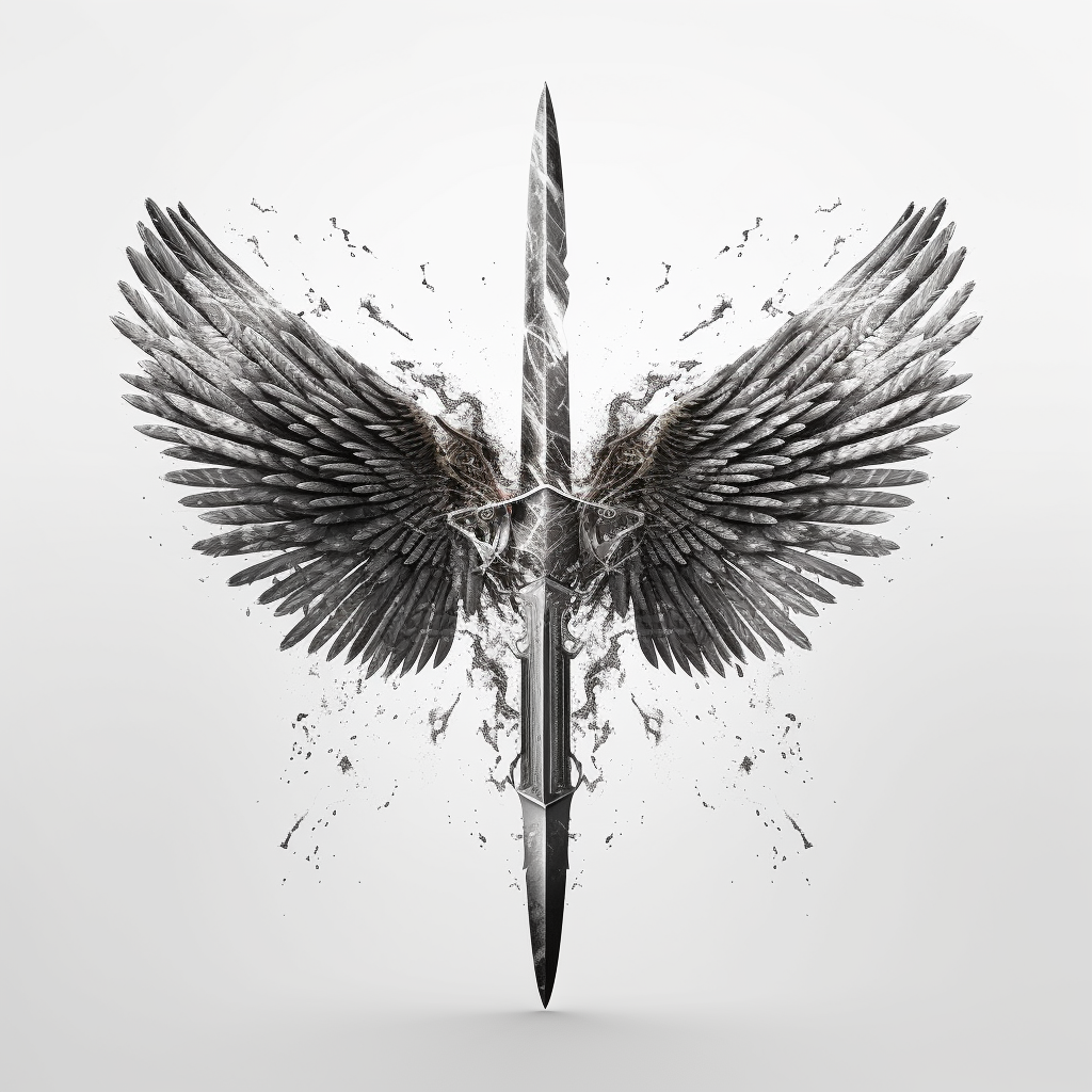 Image of big wings formed by weapons on white background