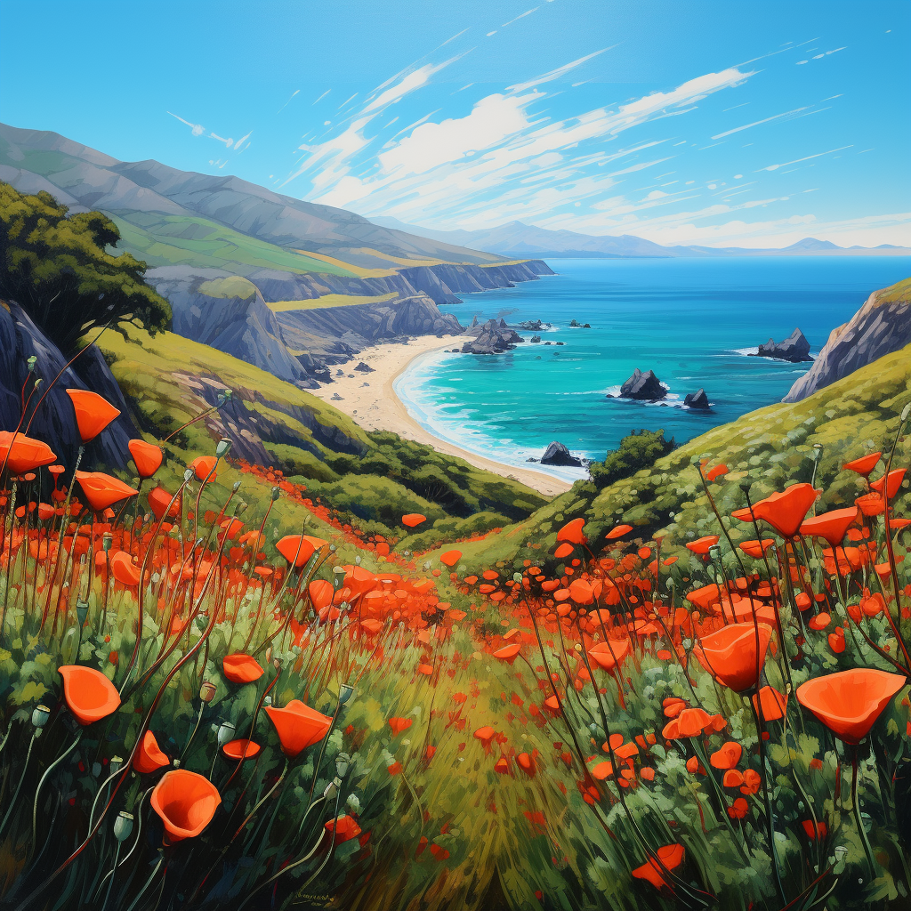 Beautiful Big Sur Landscape with Blooming Poppies