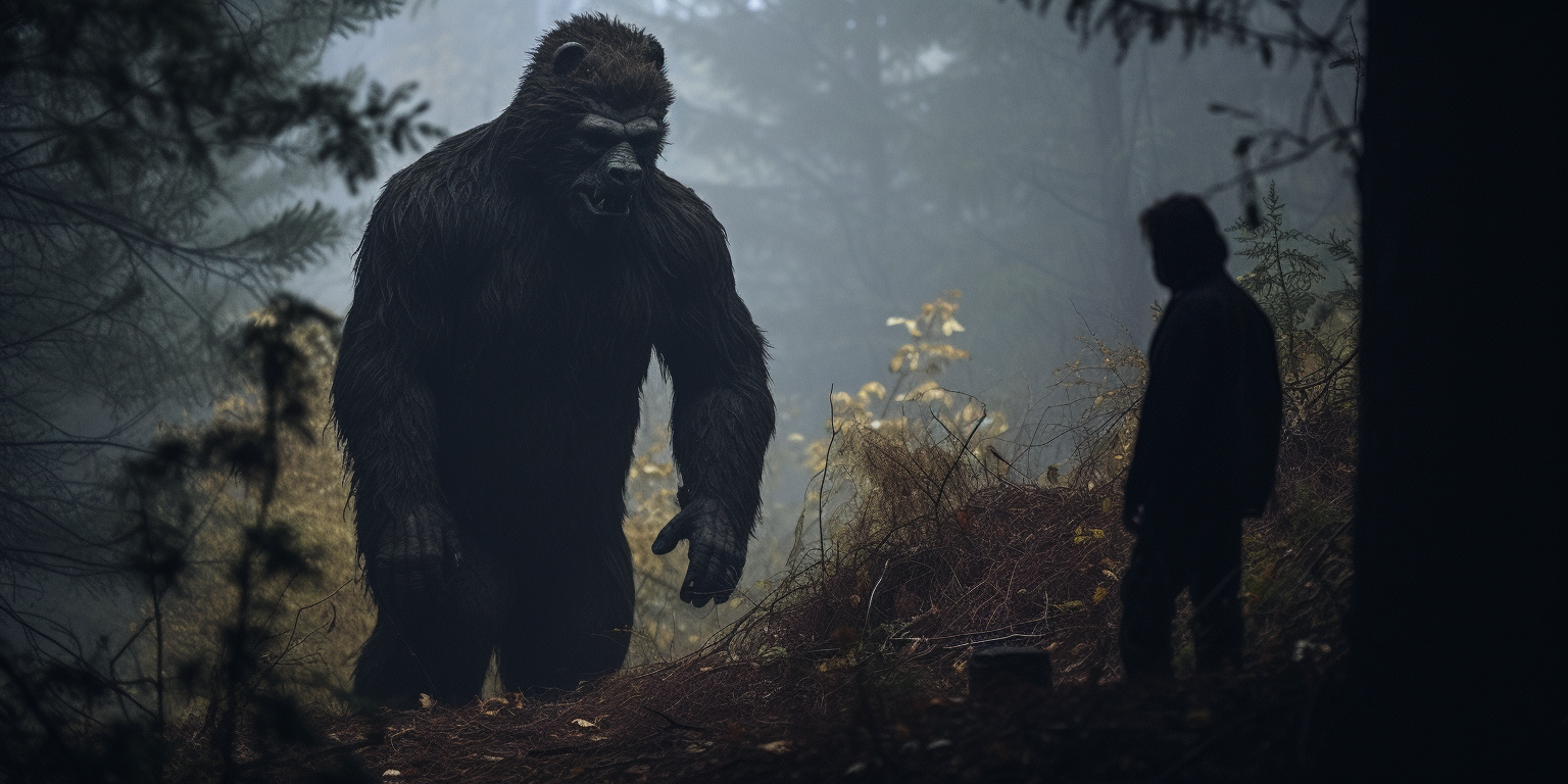 Bigfoot and Bear Surprised in Woods