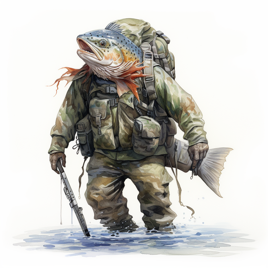 Bigfoot wearing camo clothing, holding a colorful rainbow trout