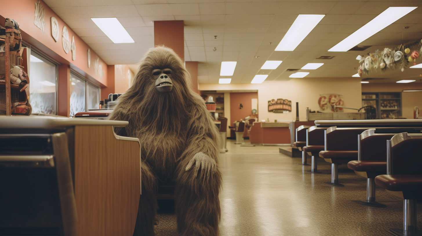 Bigfoot taking a selfie at the bowling alley