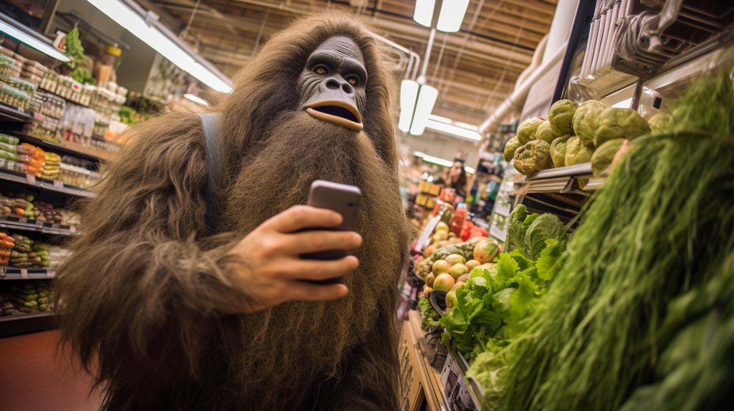 Bigfoot shopping for vegetables in Pike Place Market