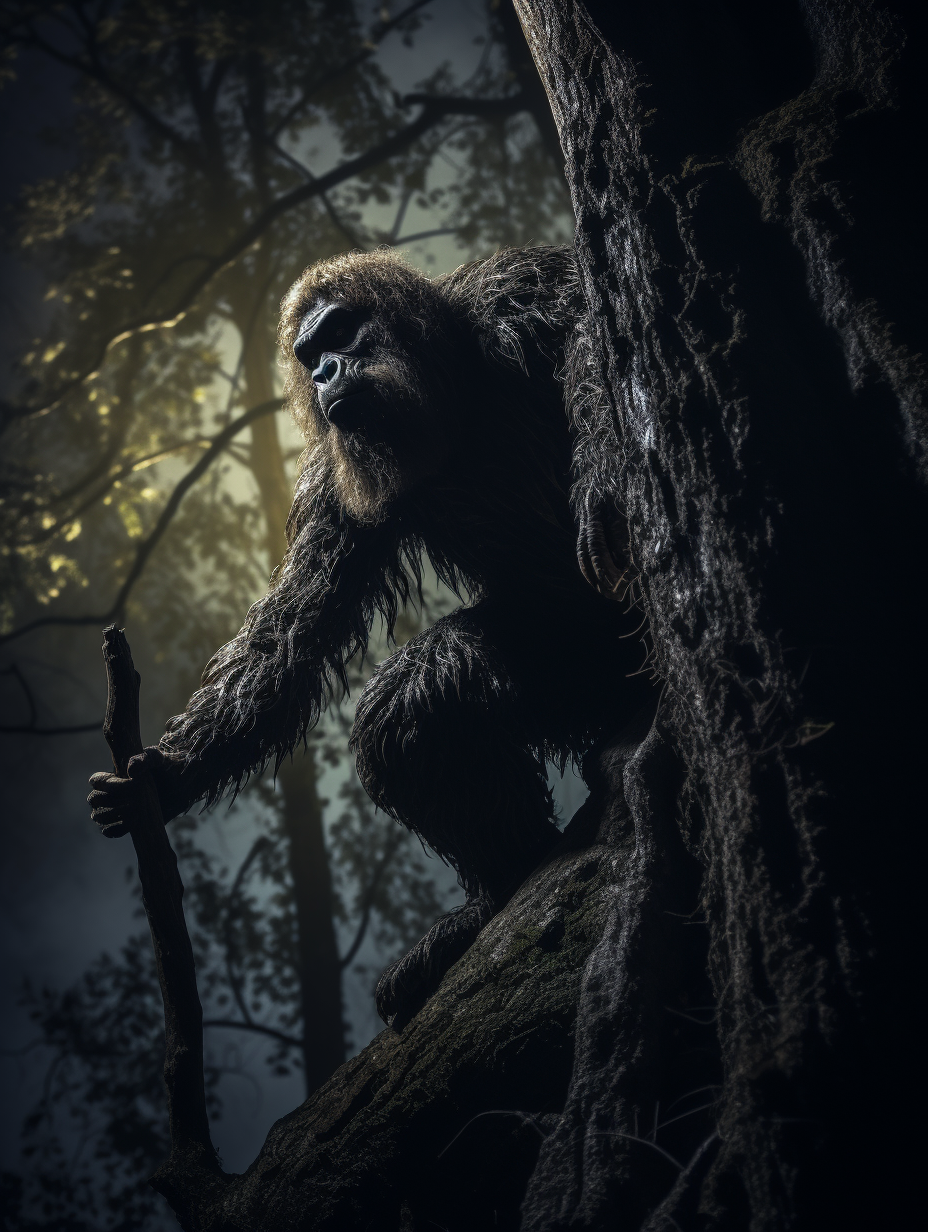 Realistic image of Bigfoot climbing a tree