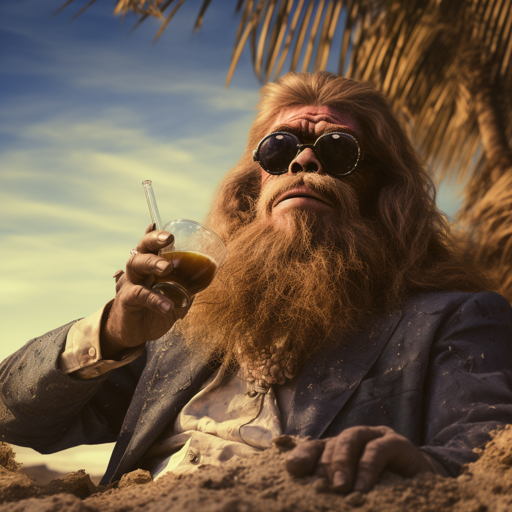 Bigfoot relaxing on the beach with a Margarita