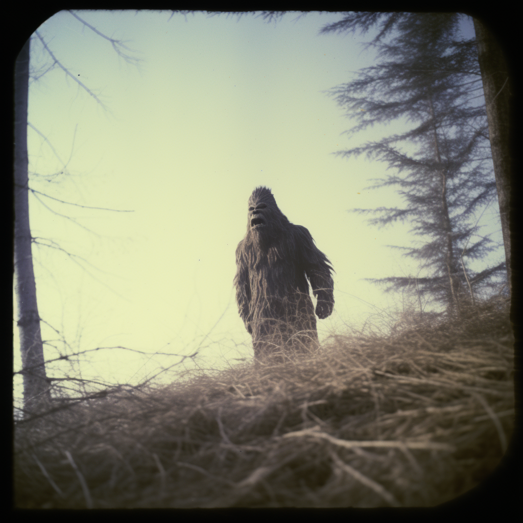 Realistic retro Bigfoot sighting photo