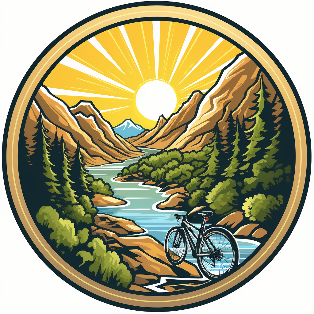 Circular vector logo of mountain bike with background elements