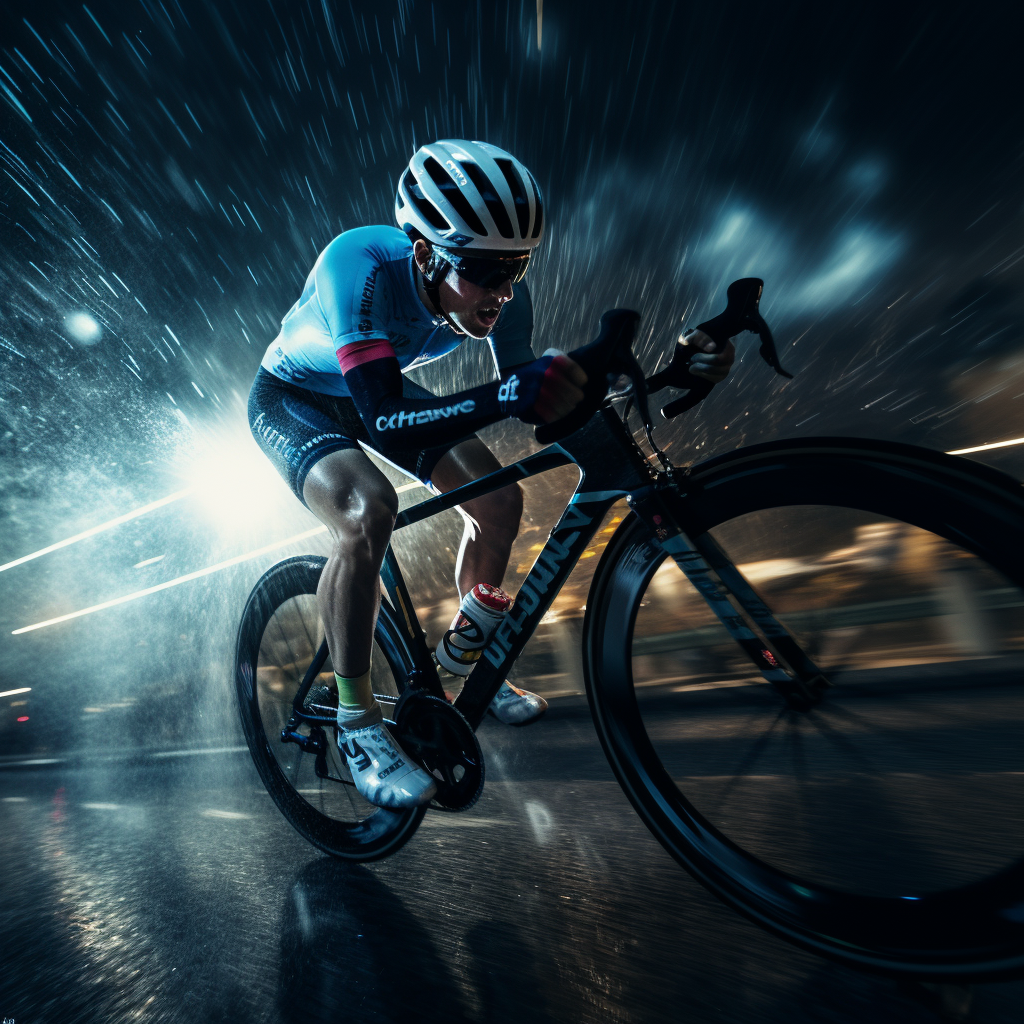 Cinematic bike racing in night rain with blue lighting