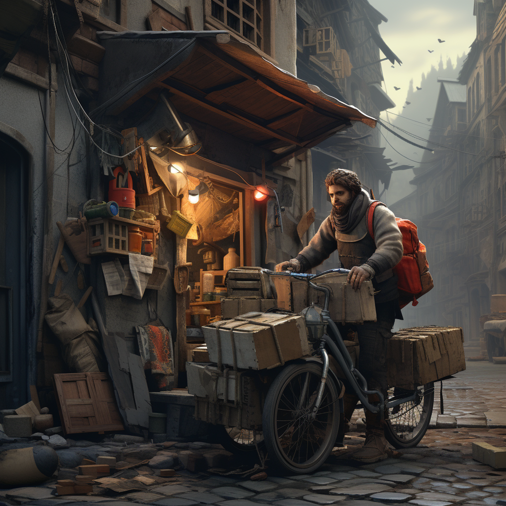 Caretaker with Bike, Tools, and Materials in City