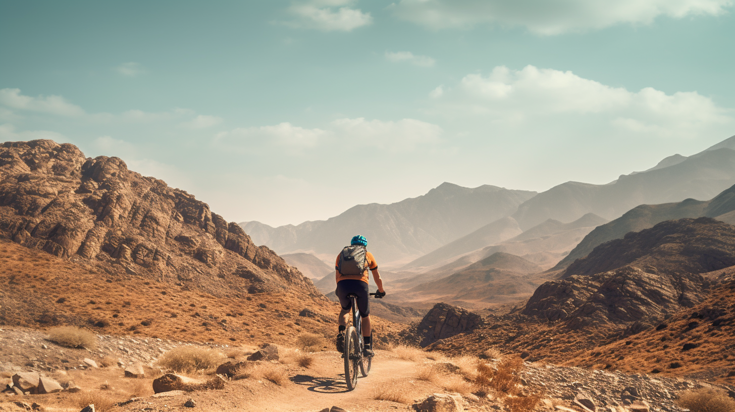 Man casually riding bike in Oman mountains