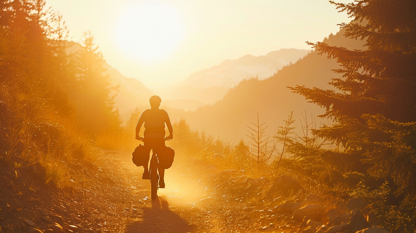 Lone cyclist in wilderness silhouette