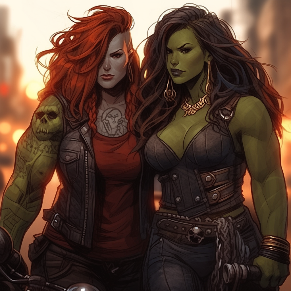 Two Happy Biker Orc Girl Friends