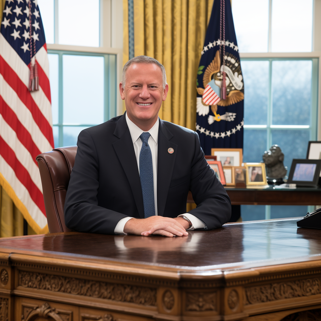 Bill de Blasio sitting at the Oval Office desk