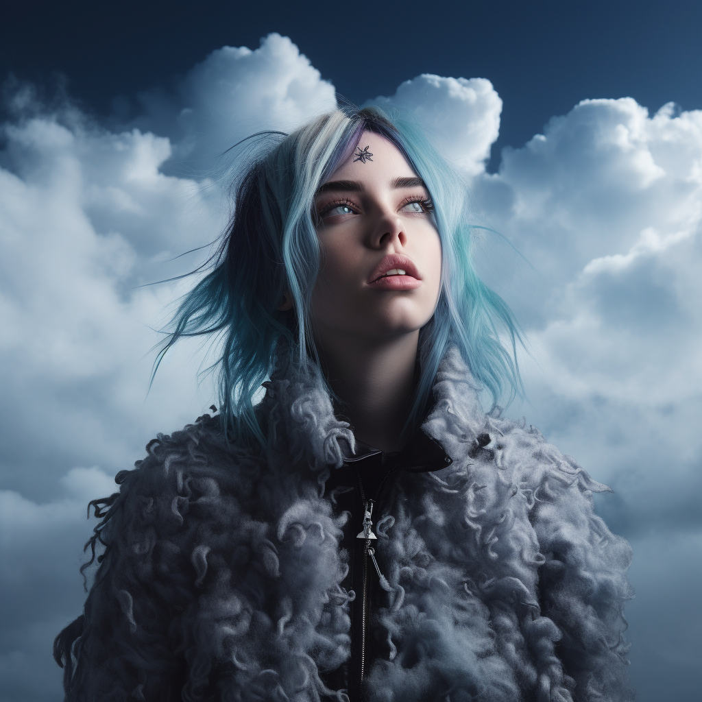 Billie Eilish posing on clouds