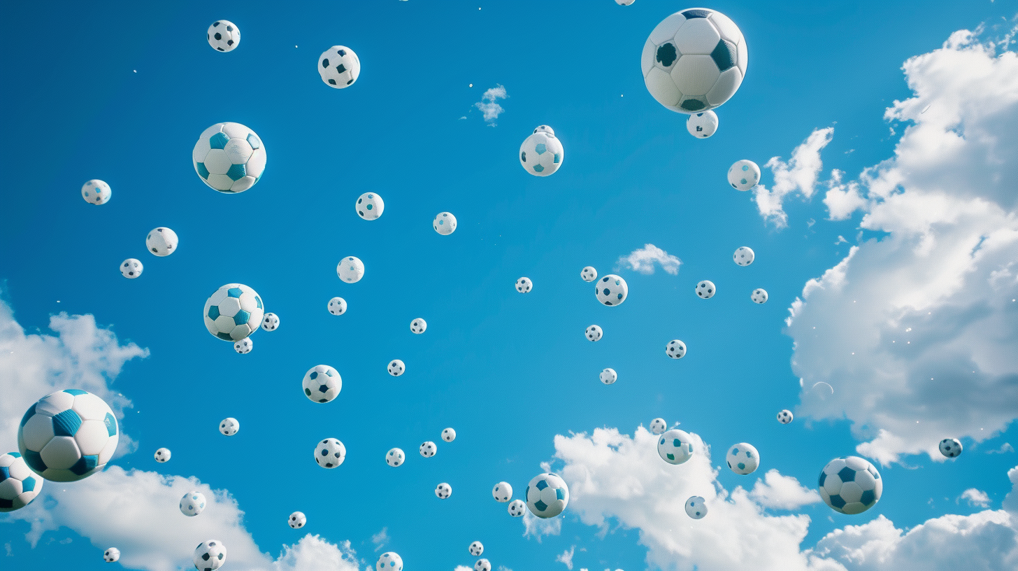 Bingo balls in soccer stadium with blue sky and clouds