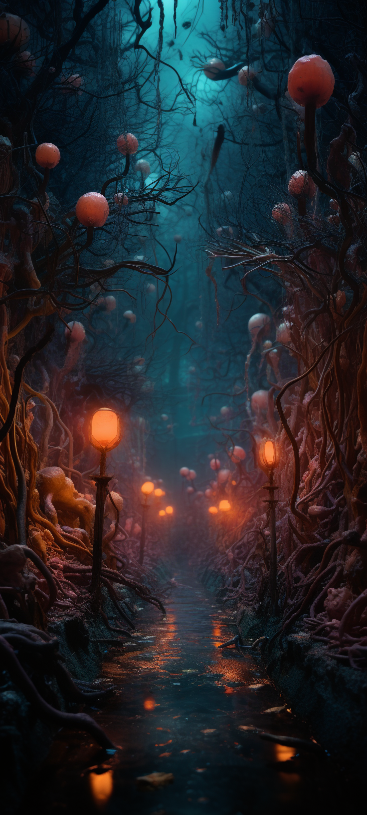 Bioluminescent plants and animals in horror scene