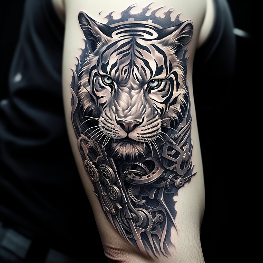 Biomechanical tiger arm tattoo design