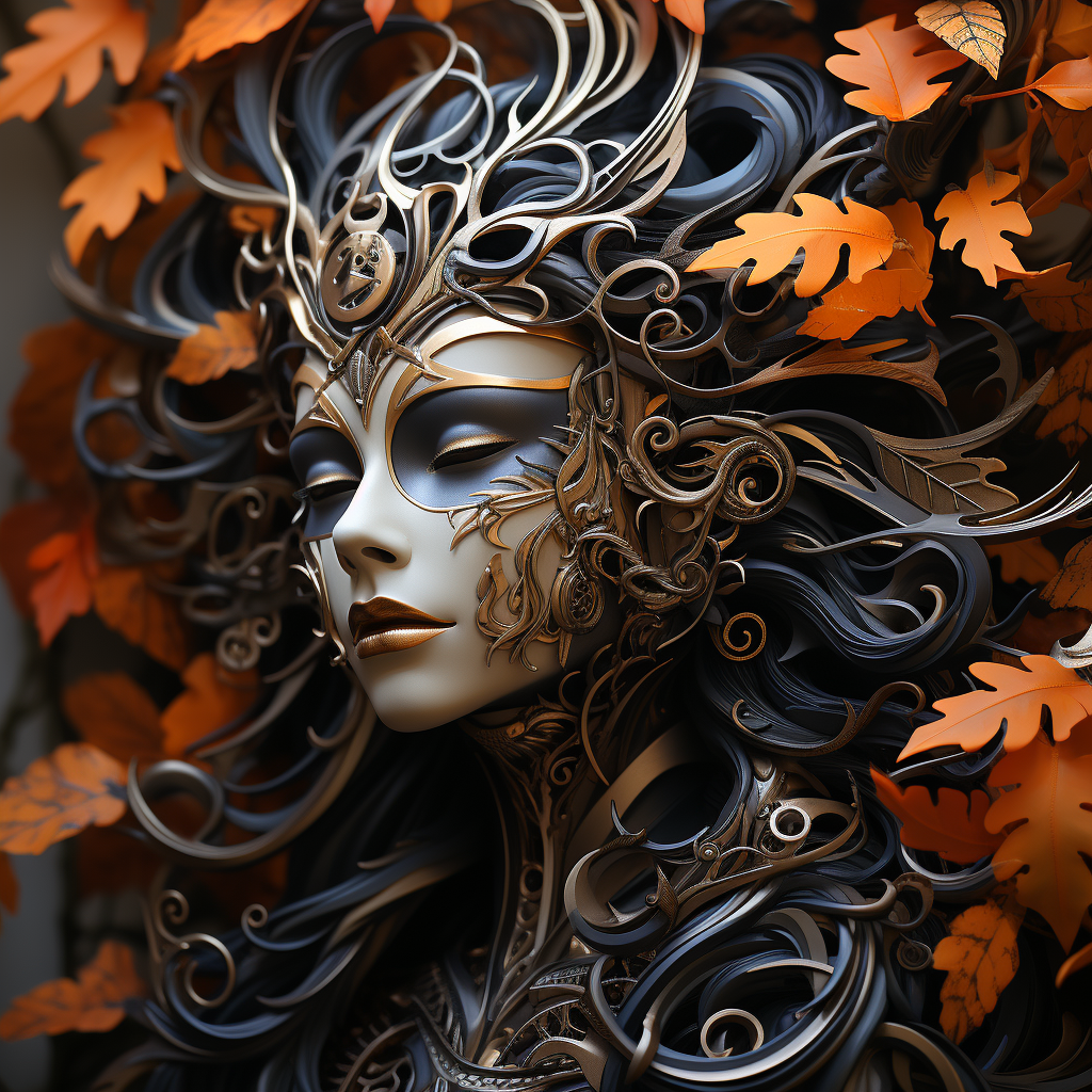 Biomechanical night elf woman in autumn leaves