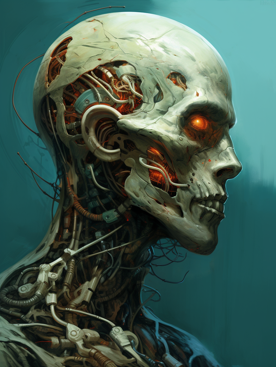 Biomechanical humanoid in eerie comic book style