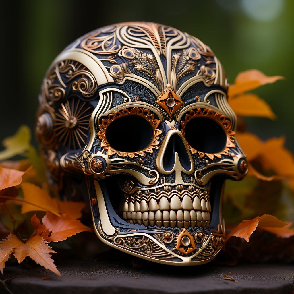 Intricate biomechanical skull with autumn leaves